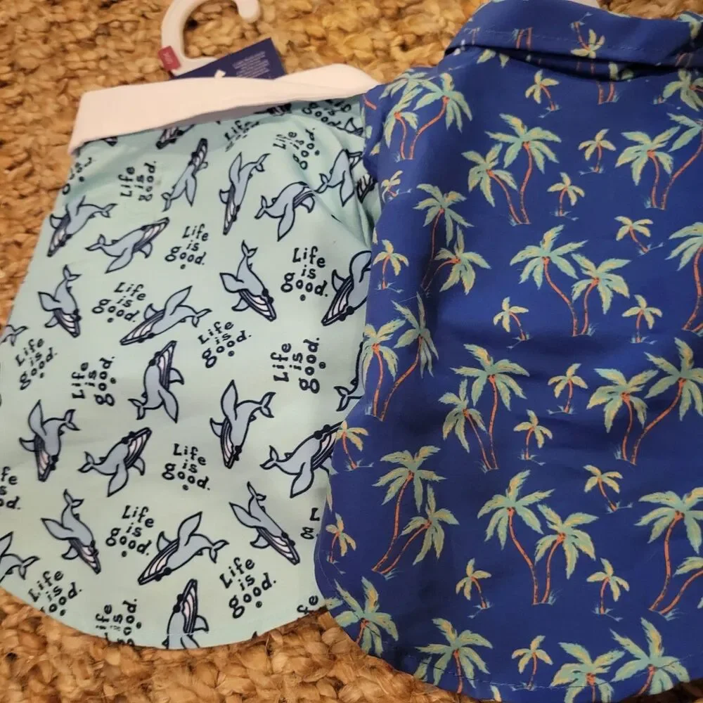 2 Pack Dog Cat Dress Shirt Pet Apparel Size XS Hawaiian Print Shark Polo Collar